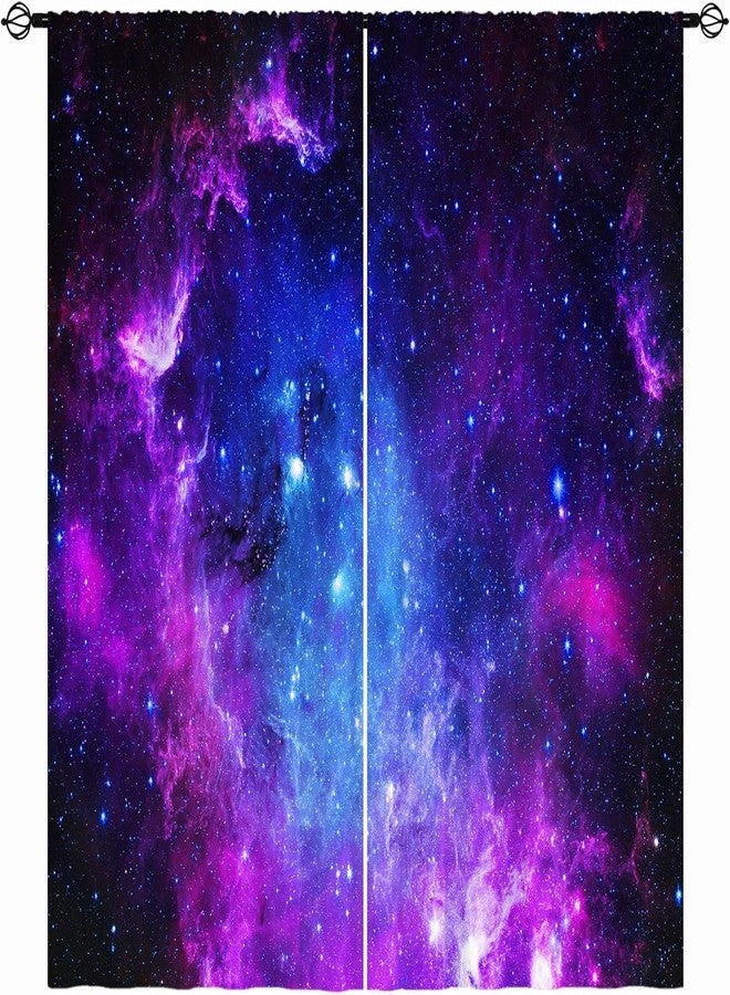 YUANZU Galaxy Curtains W42 x L63 Inch Outer Space Kids Space Purple Pink Blue Nebula Universe Starry Stars Rod Pocket Print Pattern Window Drapes for Boys Girls Teen Bedroom Playroom 2 Panels - Image 1